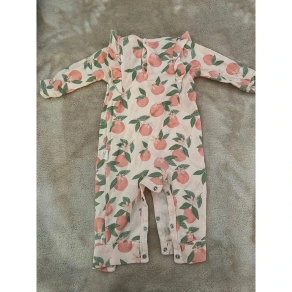 Rabbit Bear Emily + Oliver Baby Girls Peach Print Ruffle Long Sleeve Romper 3-6M